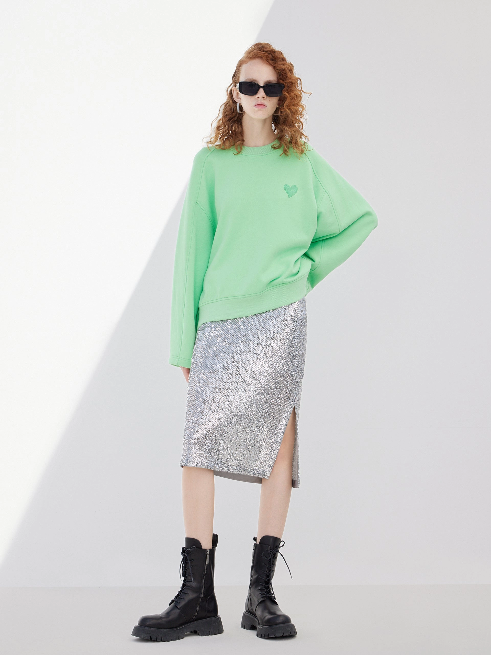 Heart Pattern Cotton Sweatshirt Relaxed Blouse FadeResistant Finish