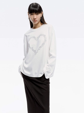 Heart Pattern Loose T-shirt Bold Look Simple and Cozy