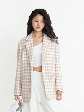 Smart Casual HoodedStyle Oversized Wide-shoulder Checked Blazer