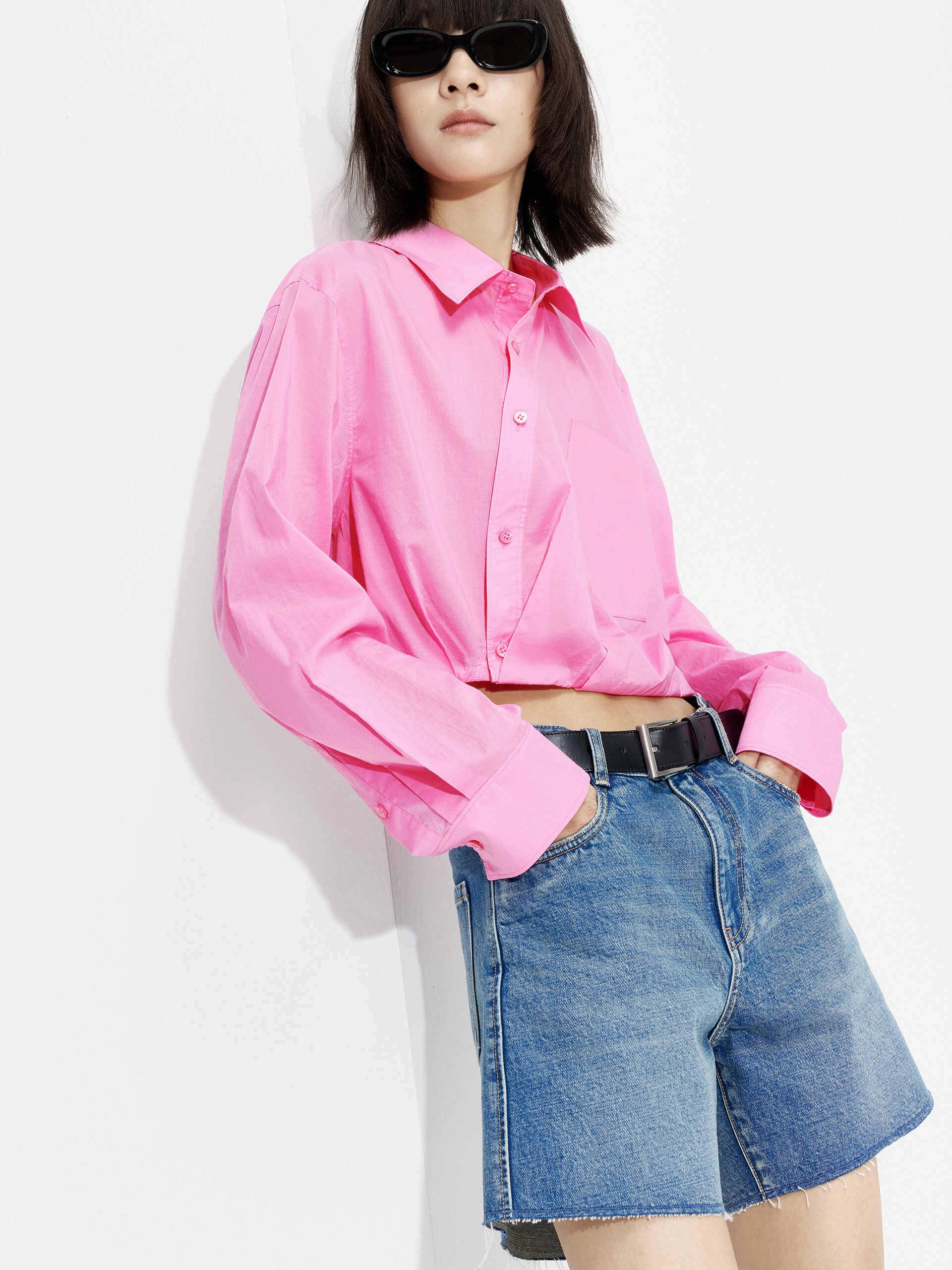 Non Slip Shoulder Seams Slanted Placket Cropped Shirt