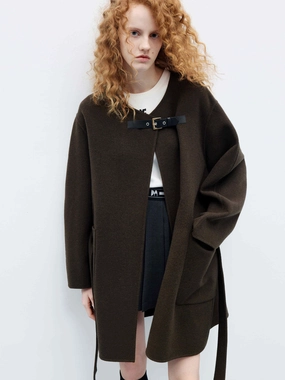 Wool Collarless Midi Coat Non Irritating Seams High Collar Design