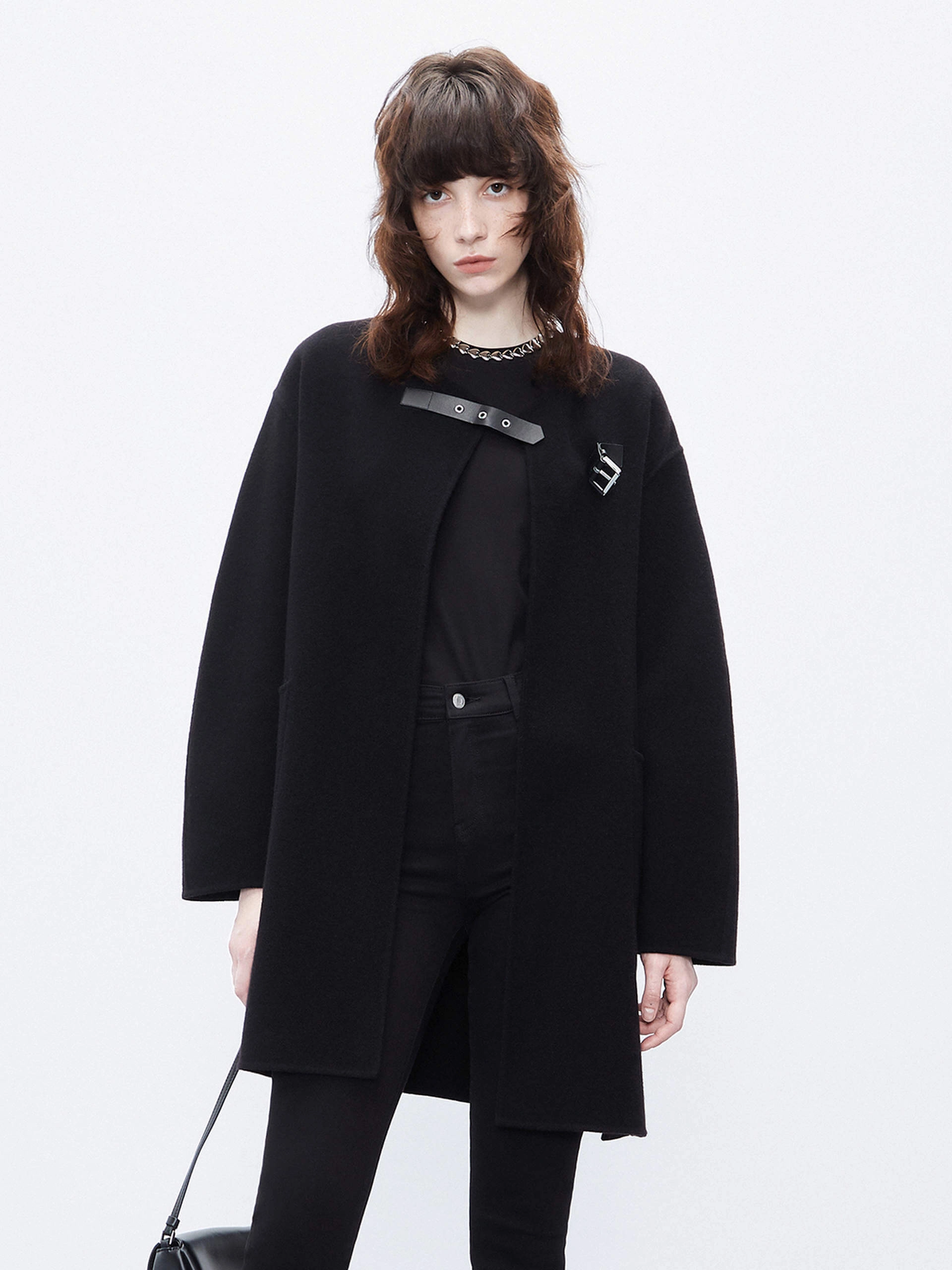 High Tensile Reinforcement elastic waistband Wool Collarless Midi Coat