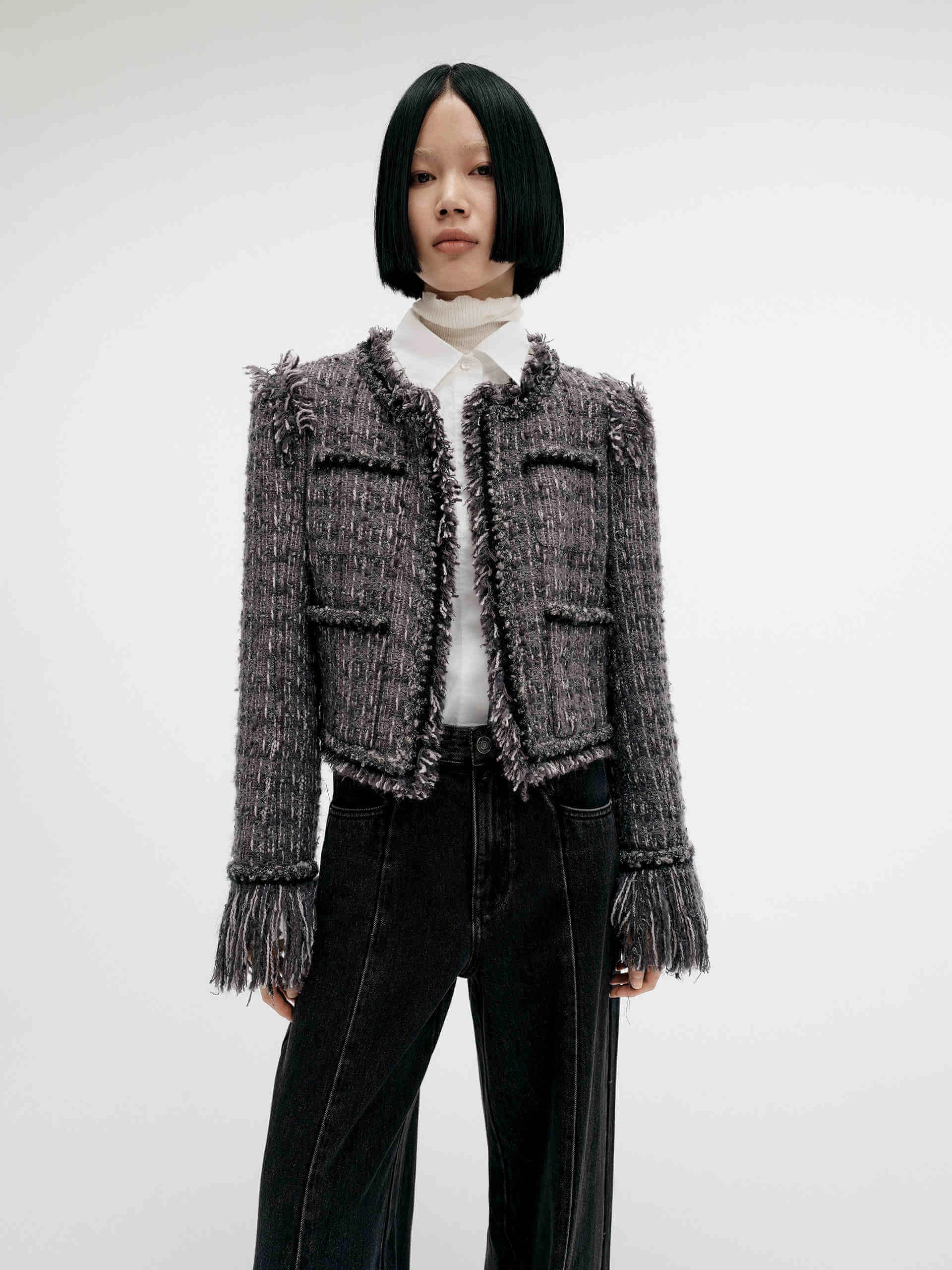 Fringed Detail Tweed Jacket Cold Weather Adjustable drawstring