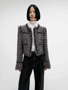 Seamless Knit Cuffs Fringed Detail Tweed Jacket