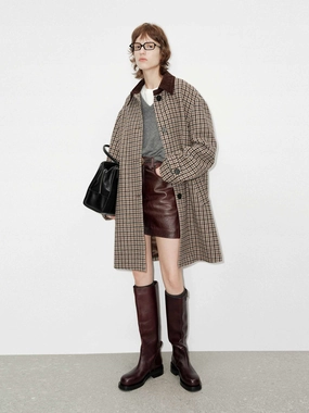 Houndstooth Wool Midi Coat MicrofiberTech ribbed texture