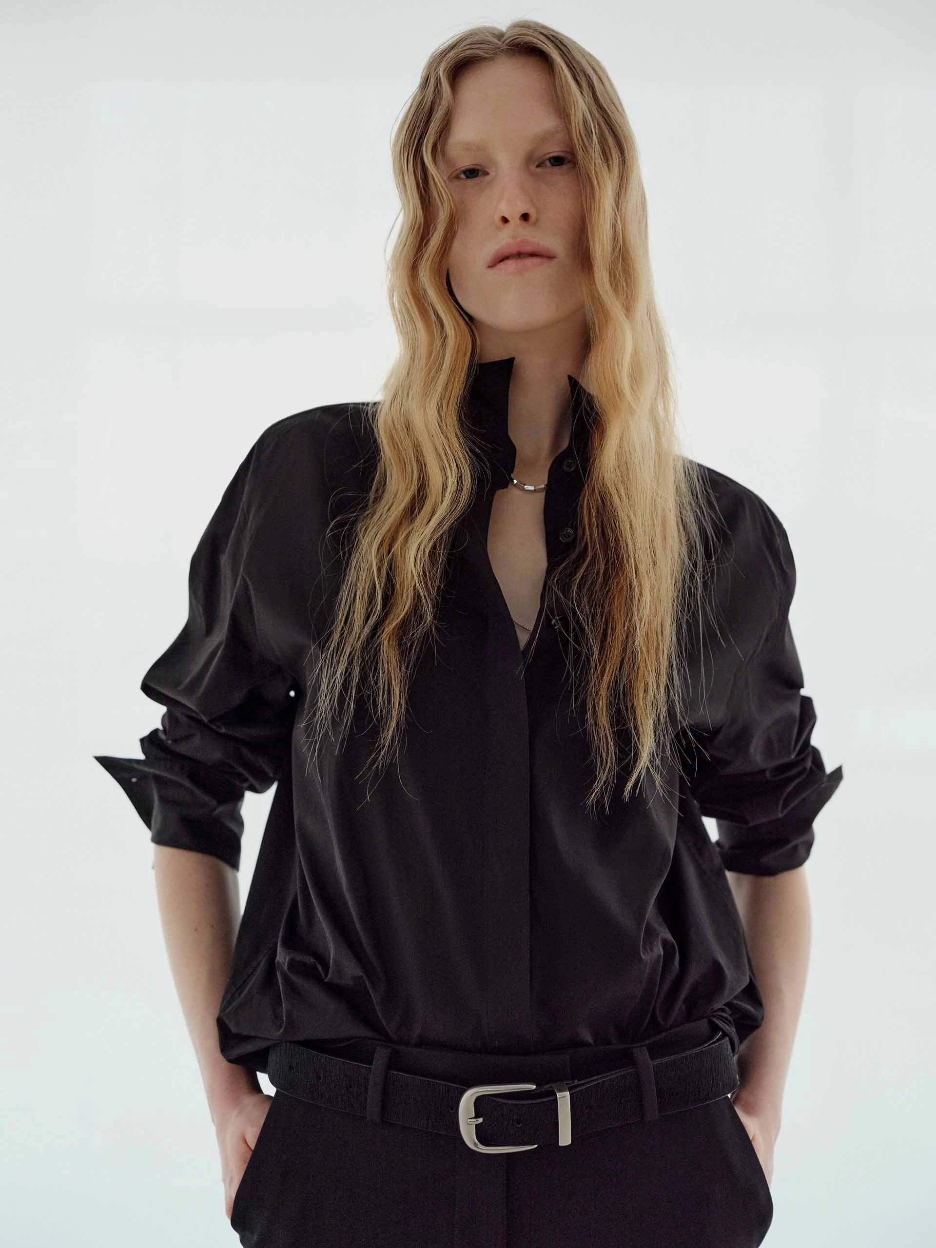 Stretchable Waistband RibbedNeckline Hidden Button Cotton Shirt
