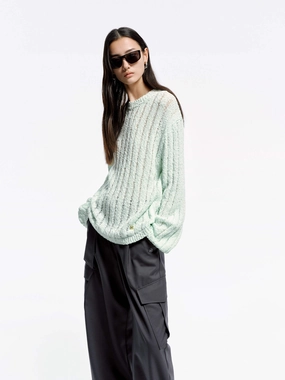 Distressed Texture Ribbed Cotton Blend Sweater
