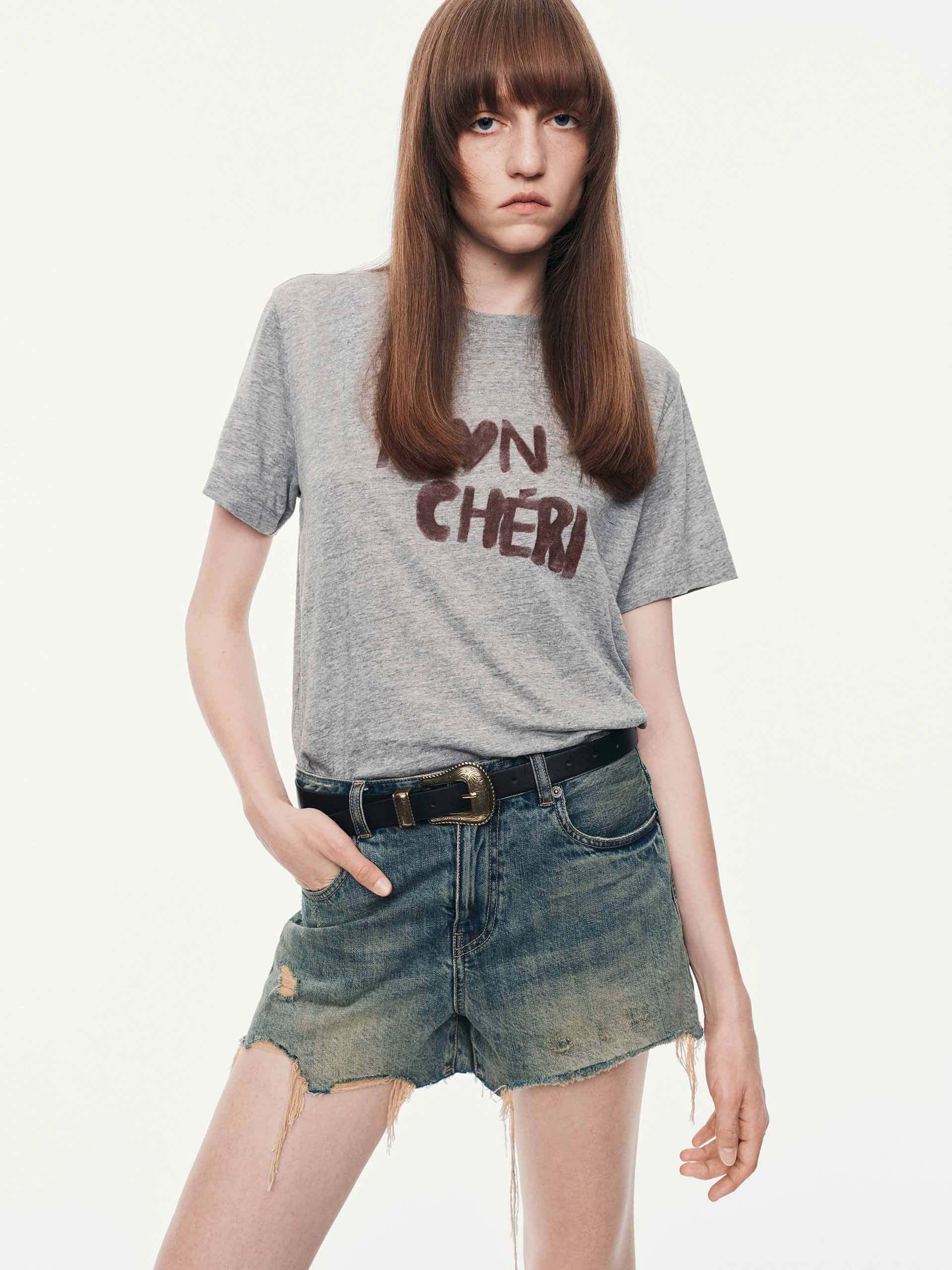 Front Letter Printed T-shirt Breathable Linen Blend Flexible Shoulder Gusset