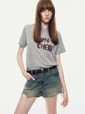 Front Letter Printed T-shirt Breathable Linen Blend Flexible Shoulder Gusset