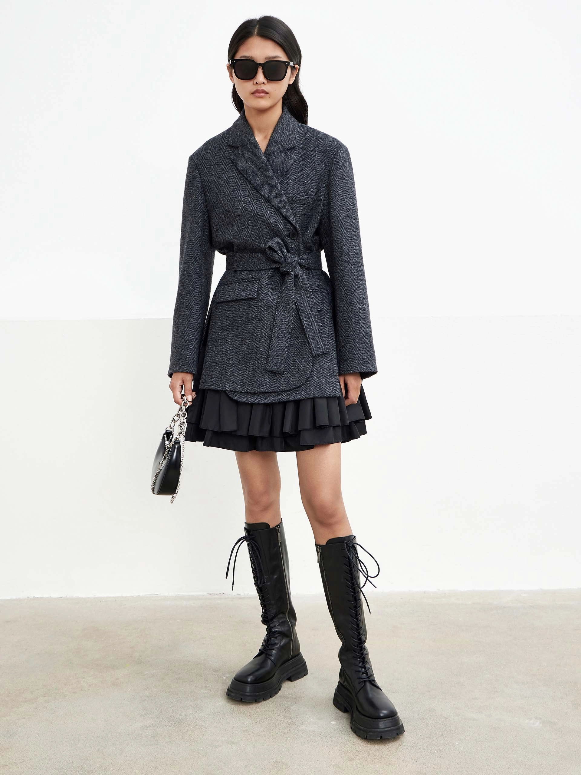 Belted Textured Blazer in Wool FrictionResistant Trim Curved Hemline