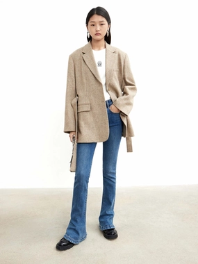 Hidden Ventilation Zones BreathableMeshPanels Belted Textured Blazer in Wool