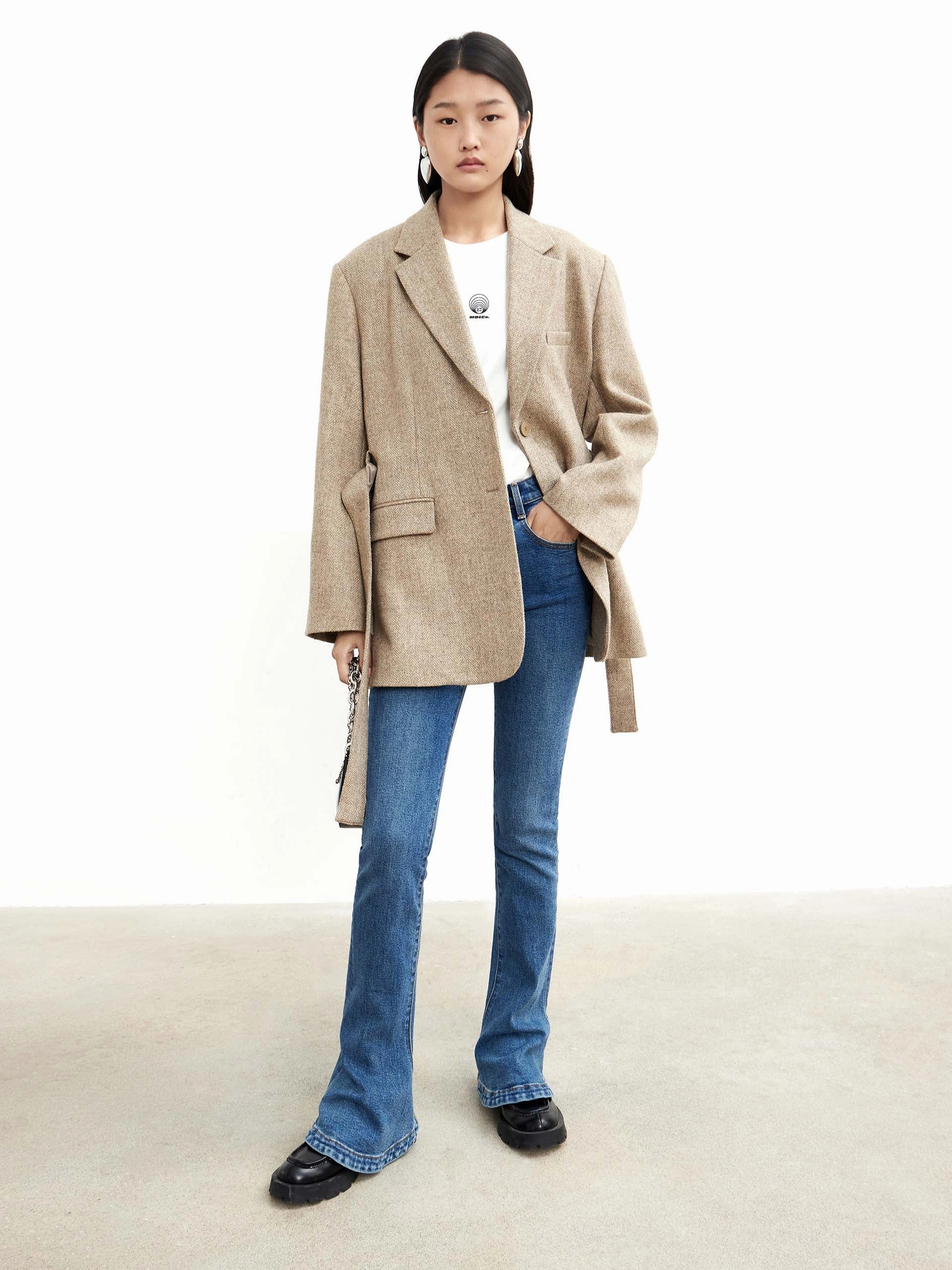 Soft Sweater Belted Textured Blazer in Wool