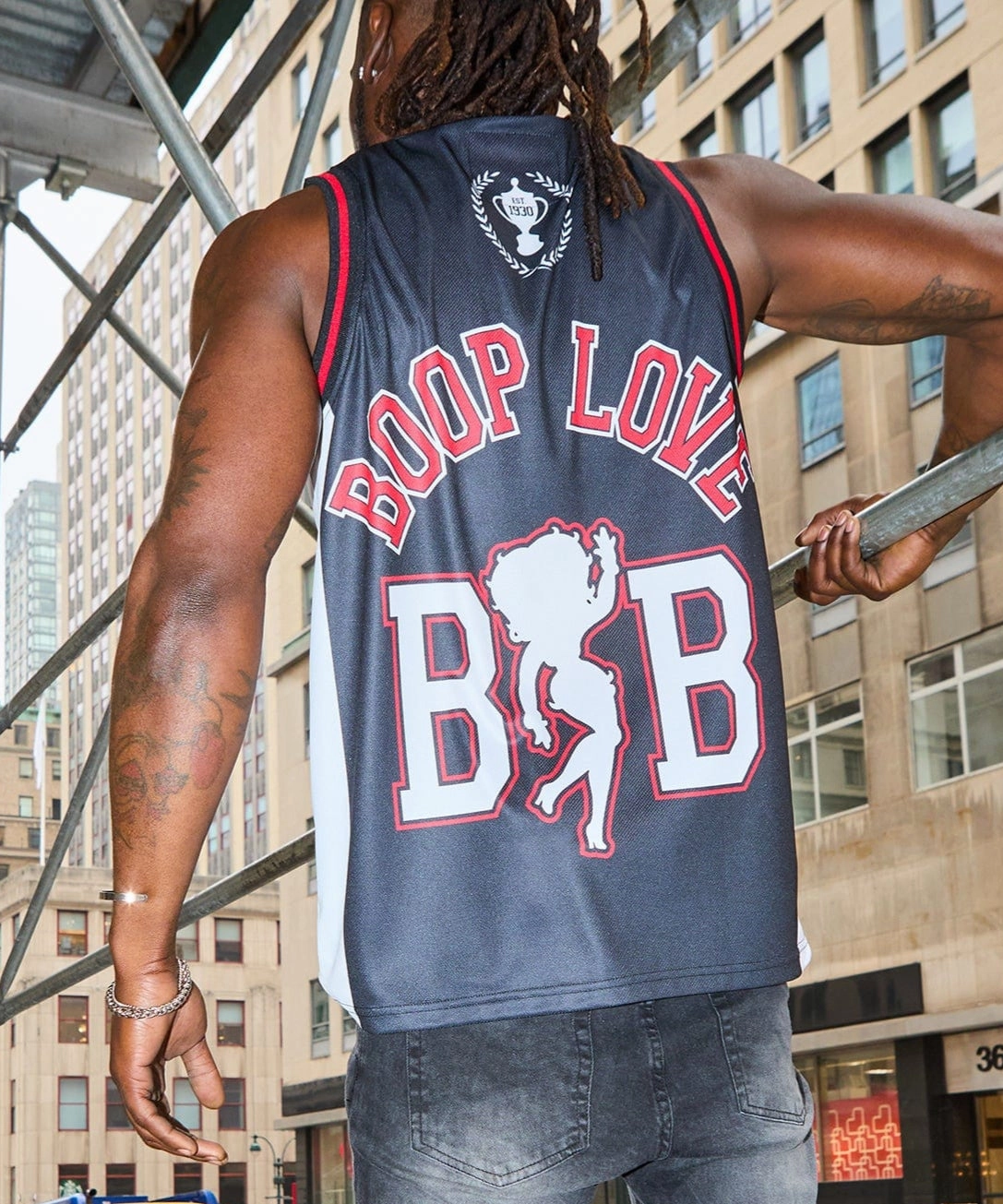 Noise Reduced Zipper Garment Washed Betty Boop Basketball Jersey - Black