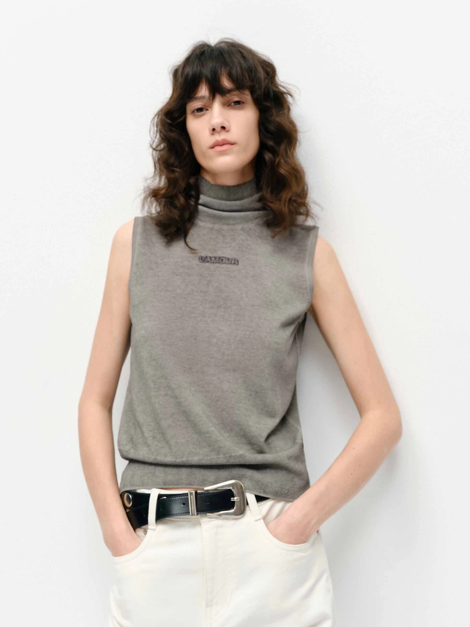 WaterRepellent Finish High Neck Sleeveless Knit Top