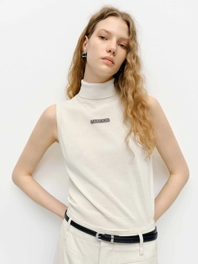 High Neck Sleeveless Knit Top Tapered Cut Neutral Tone Palette