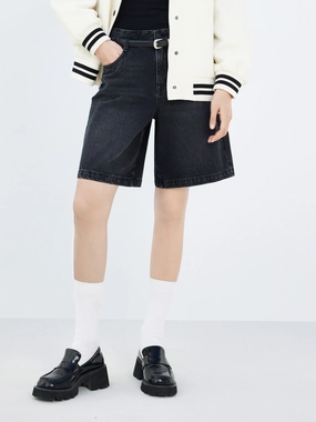 Minimal Design High Rise Cotton Denim Shorts