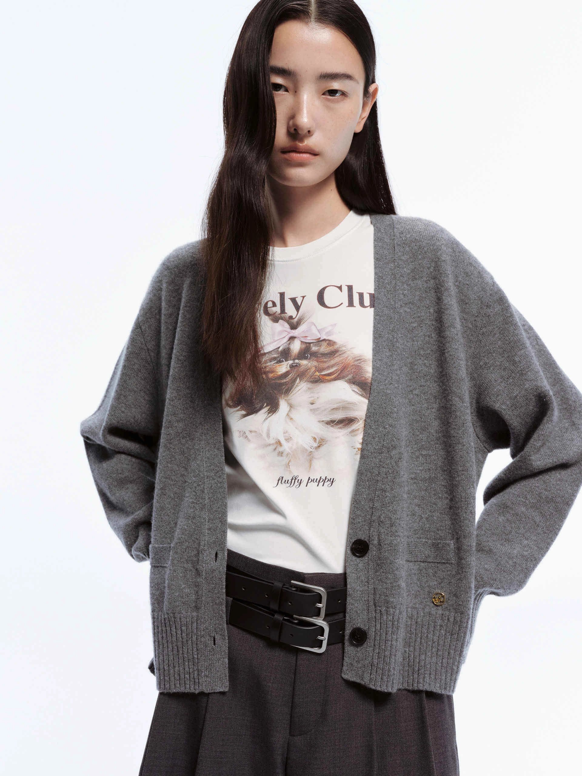 Stretch Blouse V-neck Wool Knit Cardigan