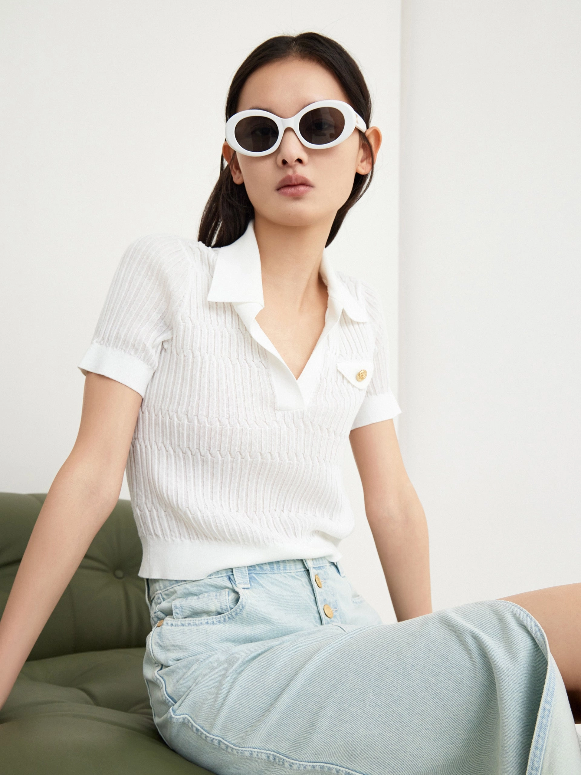 Polo Collar Structured Top DoubleNeedle Stitching