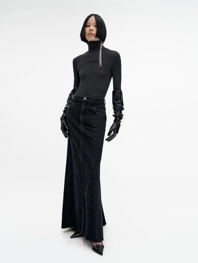 High Waist Denim Maxi Skirt Wrinkle Free Fabric