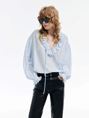 Durable Stitch Pattern summer top Loose Ruffled Trim Blouse