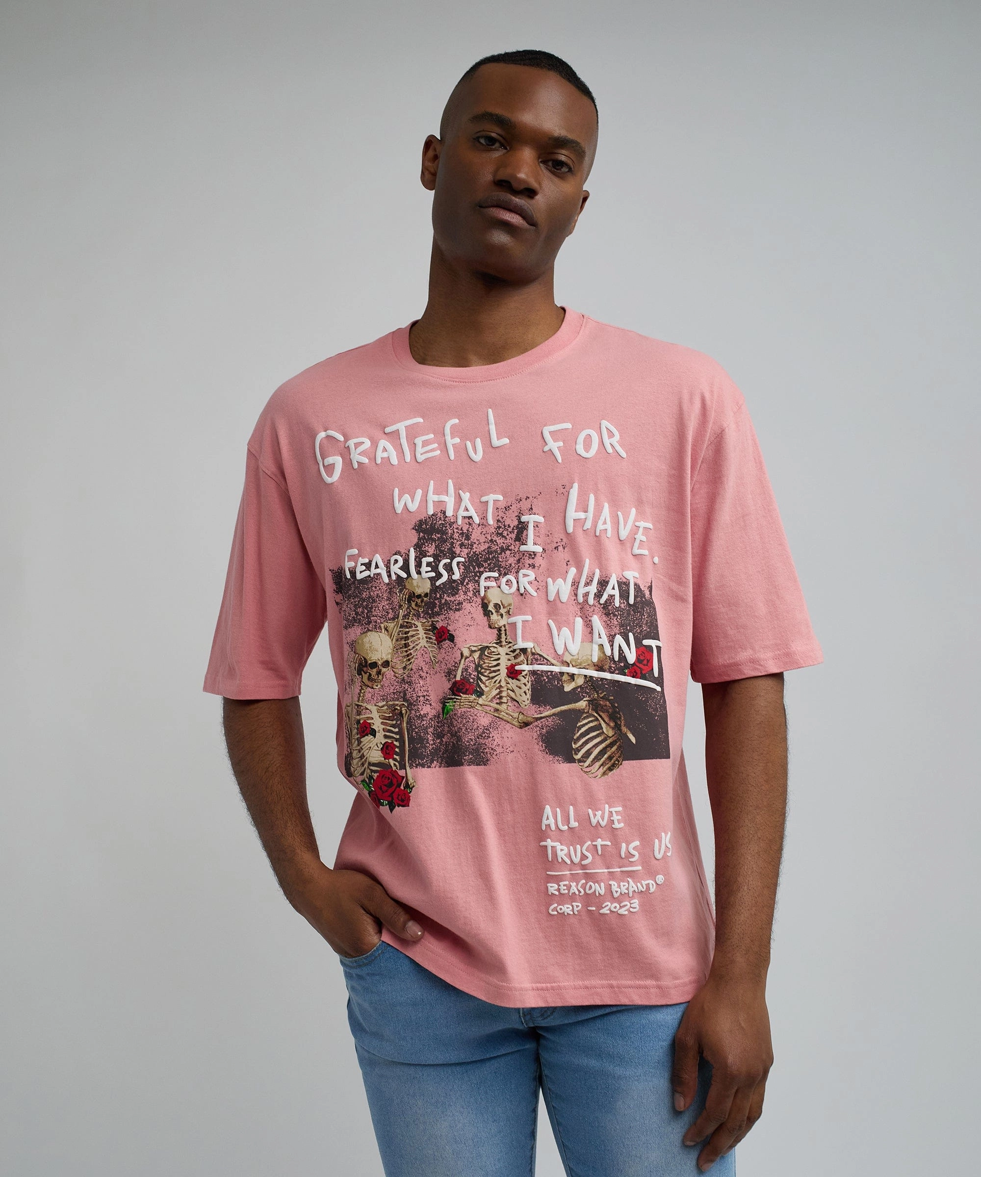 Grateful Roses Oversized Short Sleeve Tee - Pink Layered Collar