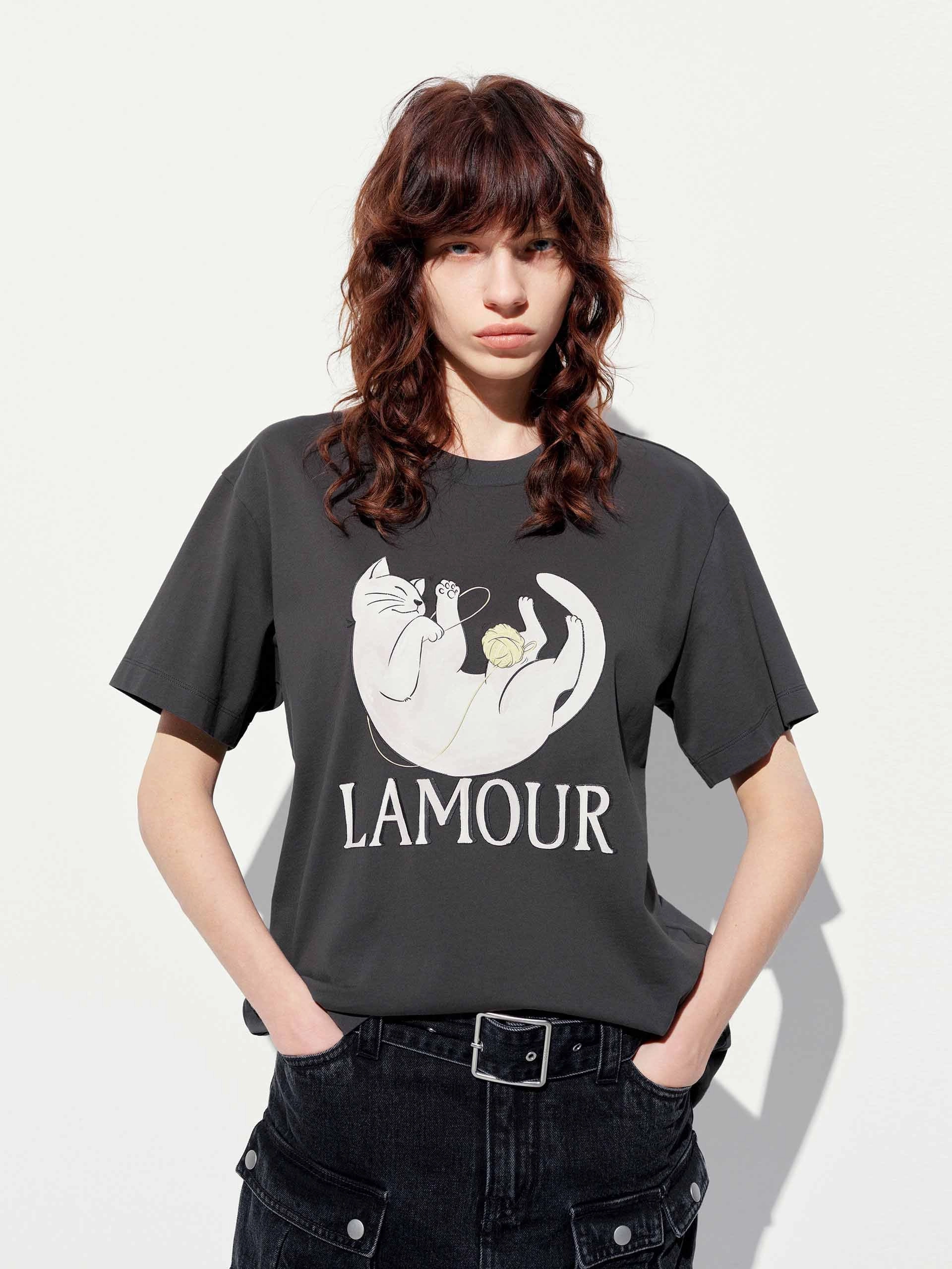 Sporty Hoodie stain resistant coating Cat Print Cotton T-shirt