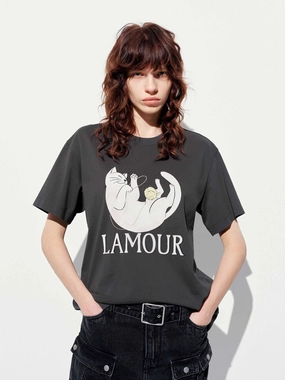 Double Stitched Hem Reversible Layering Tech Cat Print Cotton T-shirt