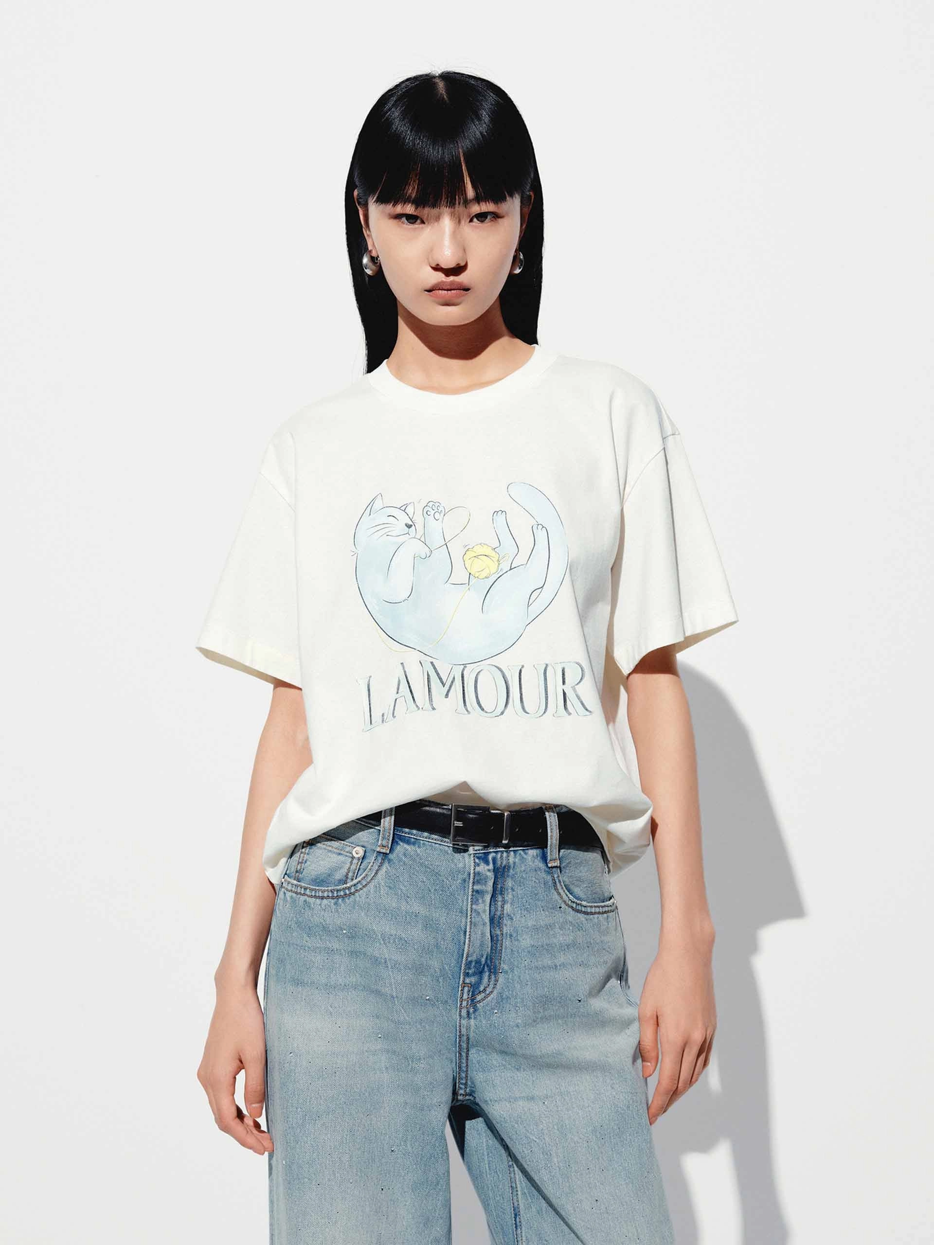 Cat Print Cotton T-shirt OdorResistant StainResistantFinish