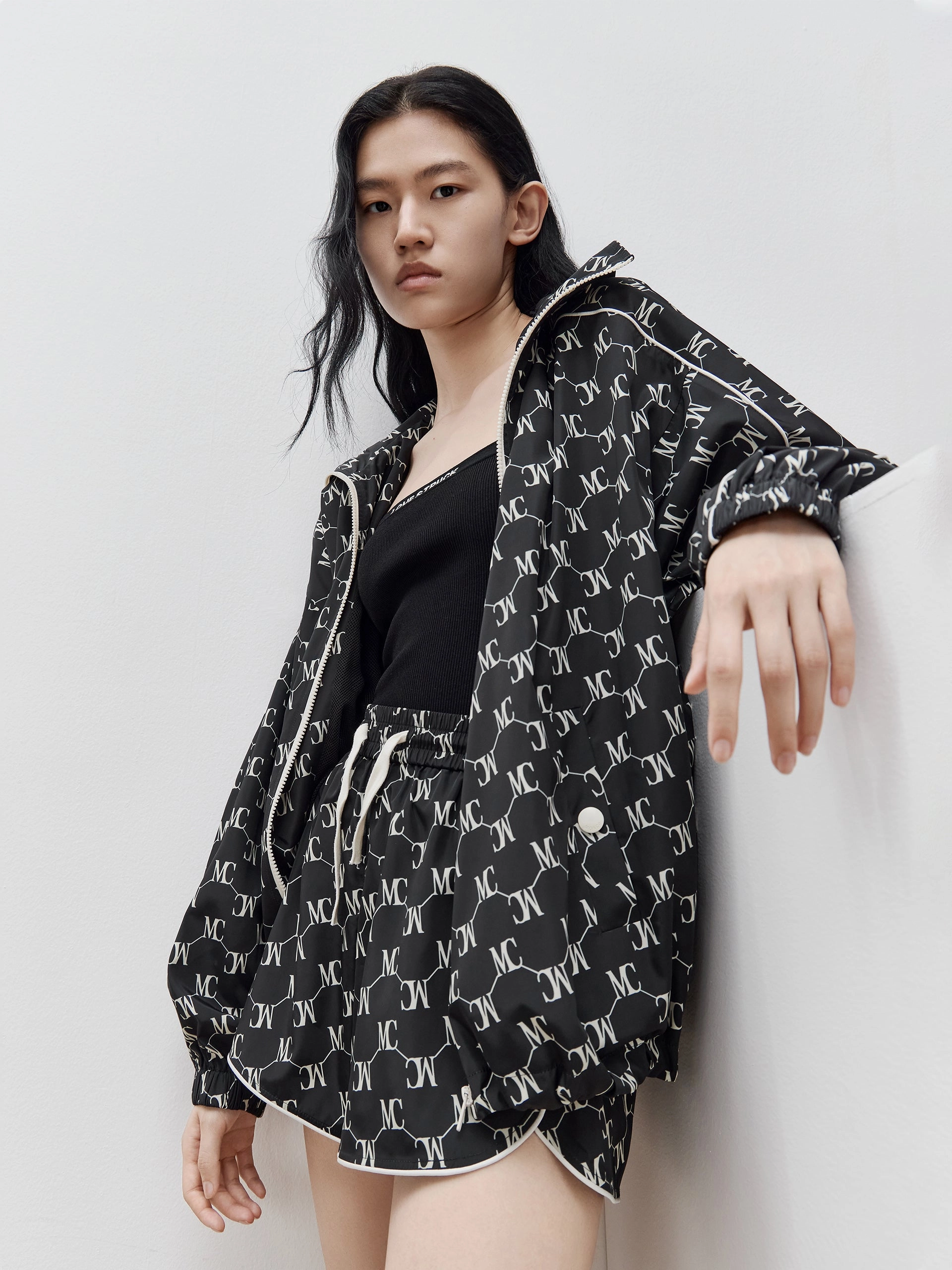 HOT SALE Monogram Print Hooded Trench Coat WaffleWeave