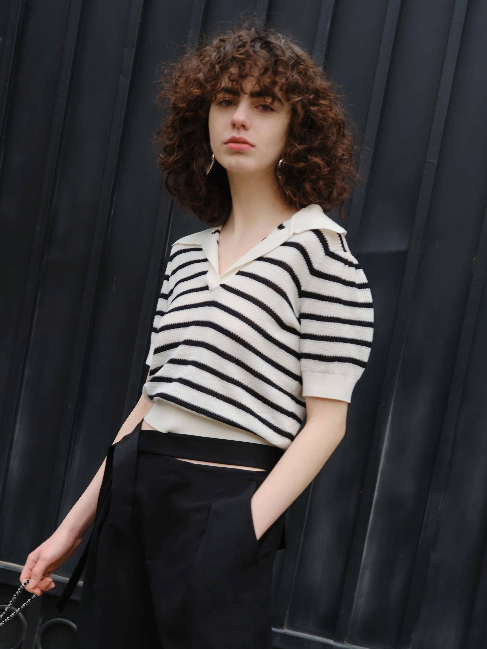 HOT SALE Wool Stripe Cropped Knit Top Moisture Control Lining RawEdgedDesign