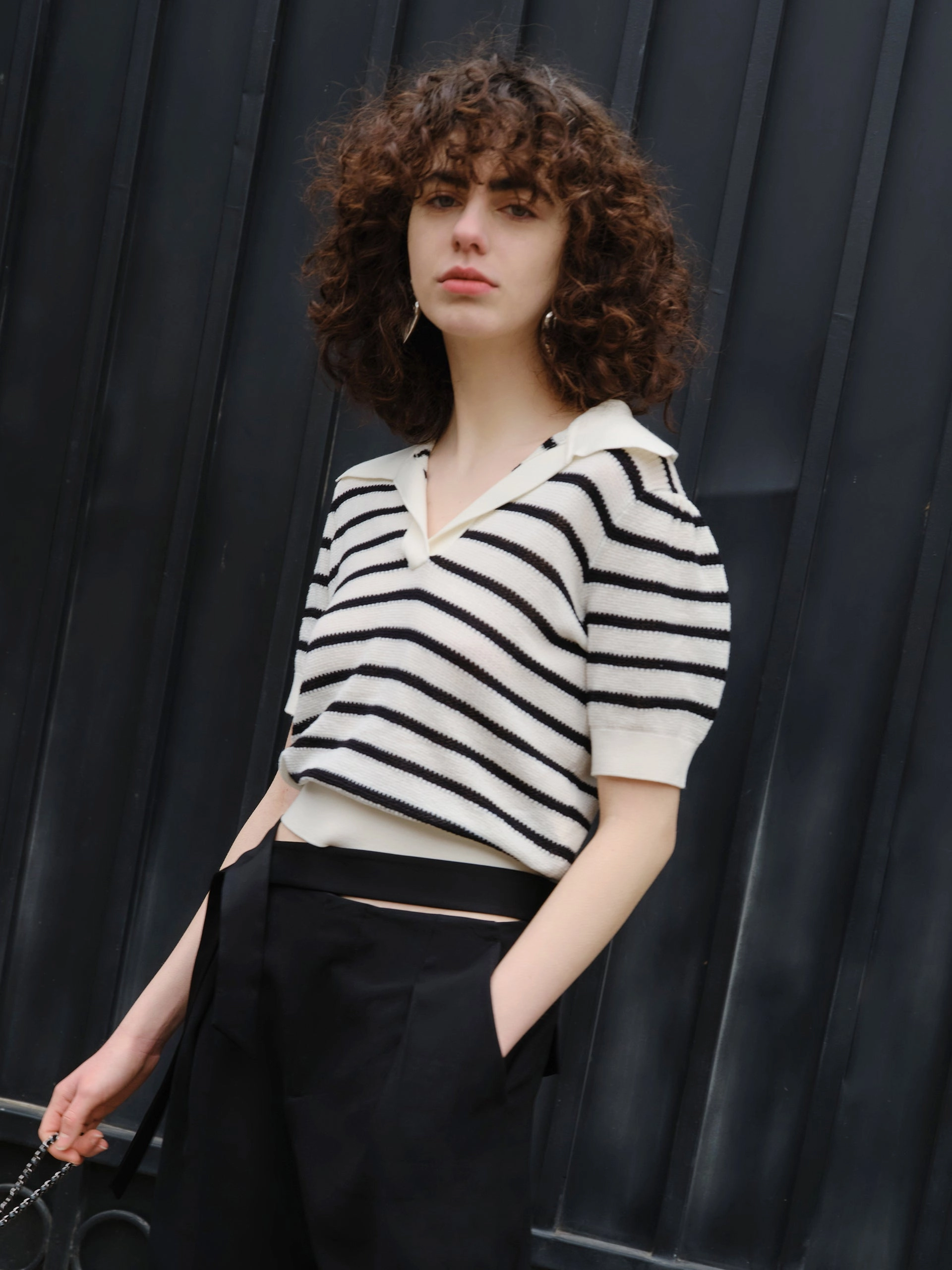 Sustainable Production Certified HOT SALE Wool Stripe Cropped Knit Top
