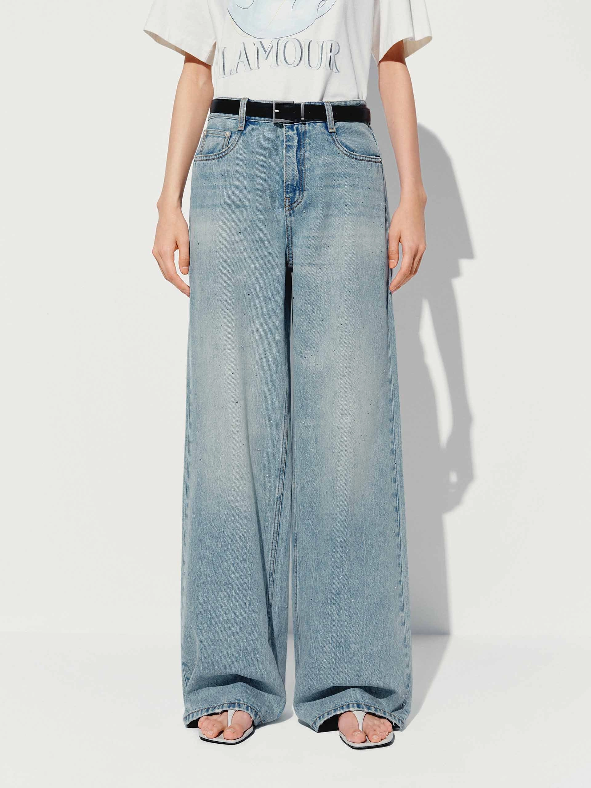 Hotfix Rhinestone Straight Jeans All Time Basic Street Fashion