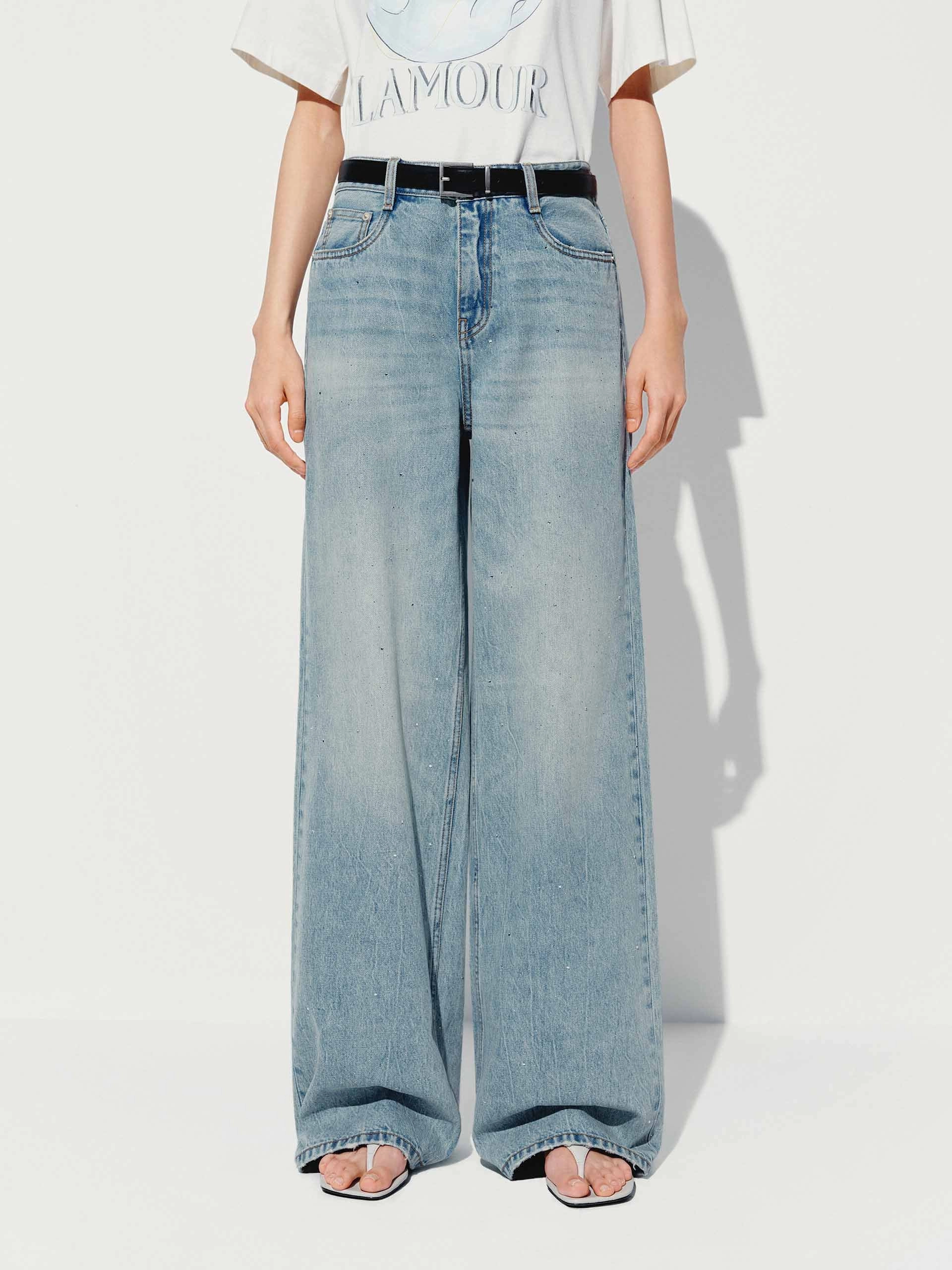 Hotfix Rhinestone Straight Jeans Couple Look Smooth