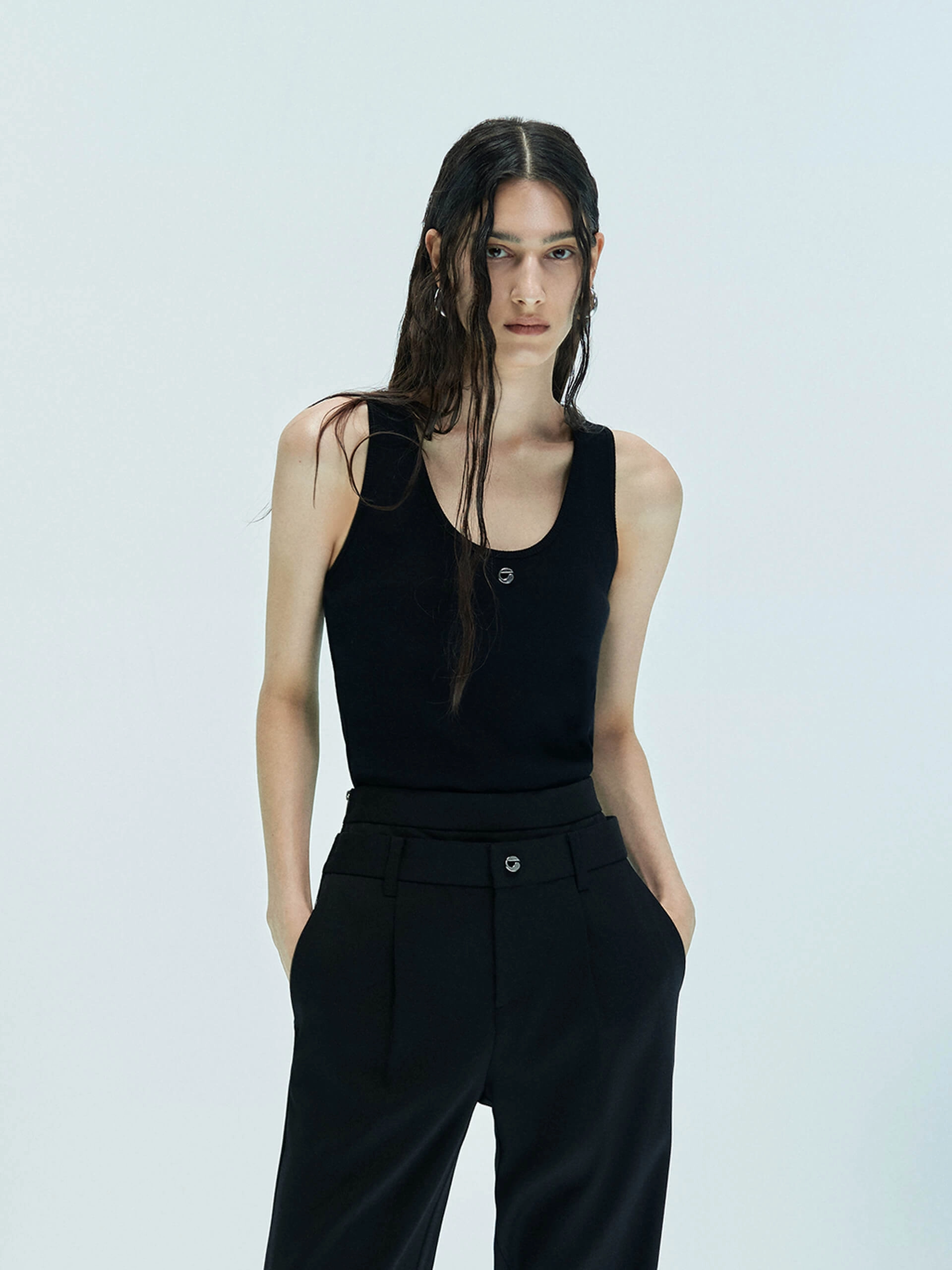 Layered Collar Structure Metal Logo Tank Top