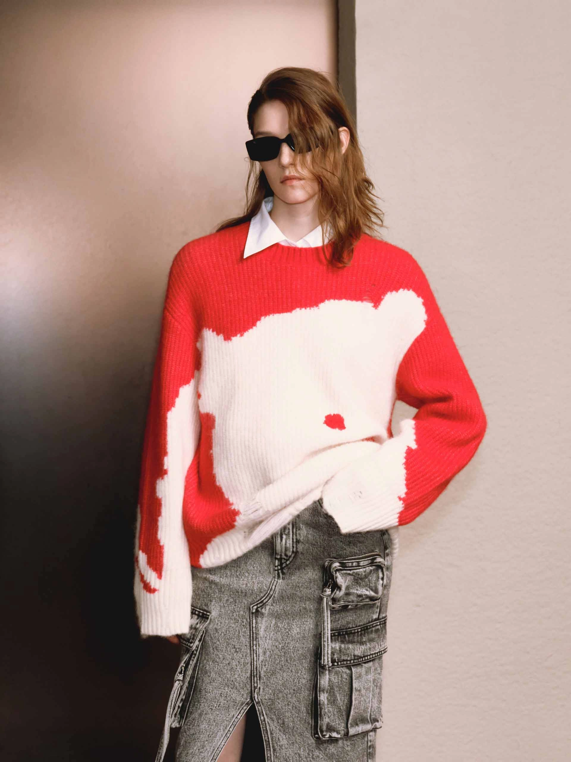 Neutral Tone Stitching Textured Weave Pattern Include Alpaca Loose Sweater
