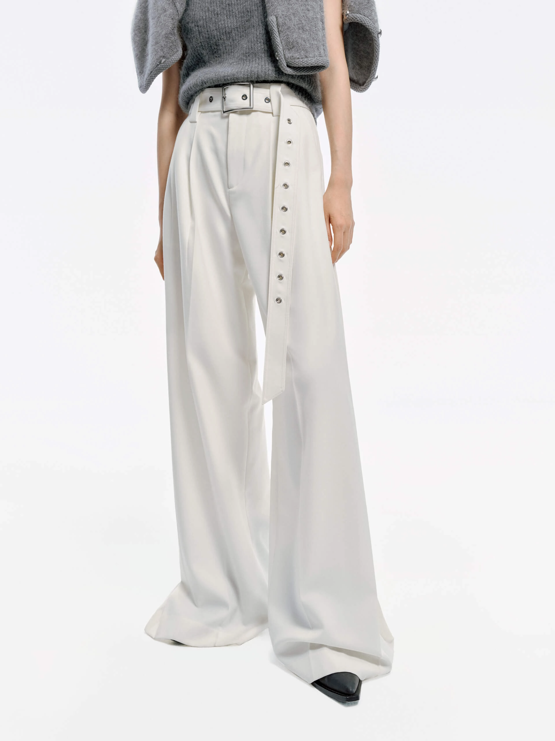 Include Belt Wide Leg Pants Smooth Texture