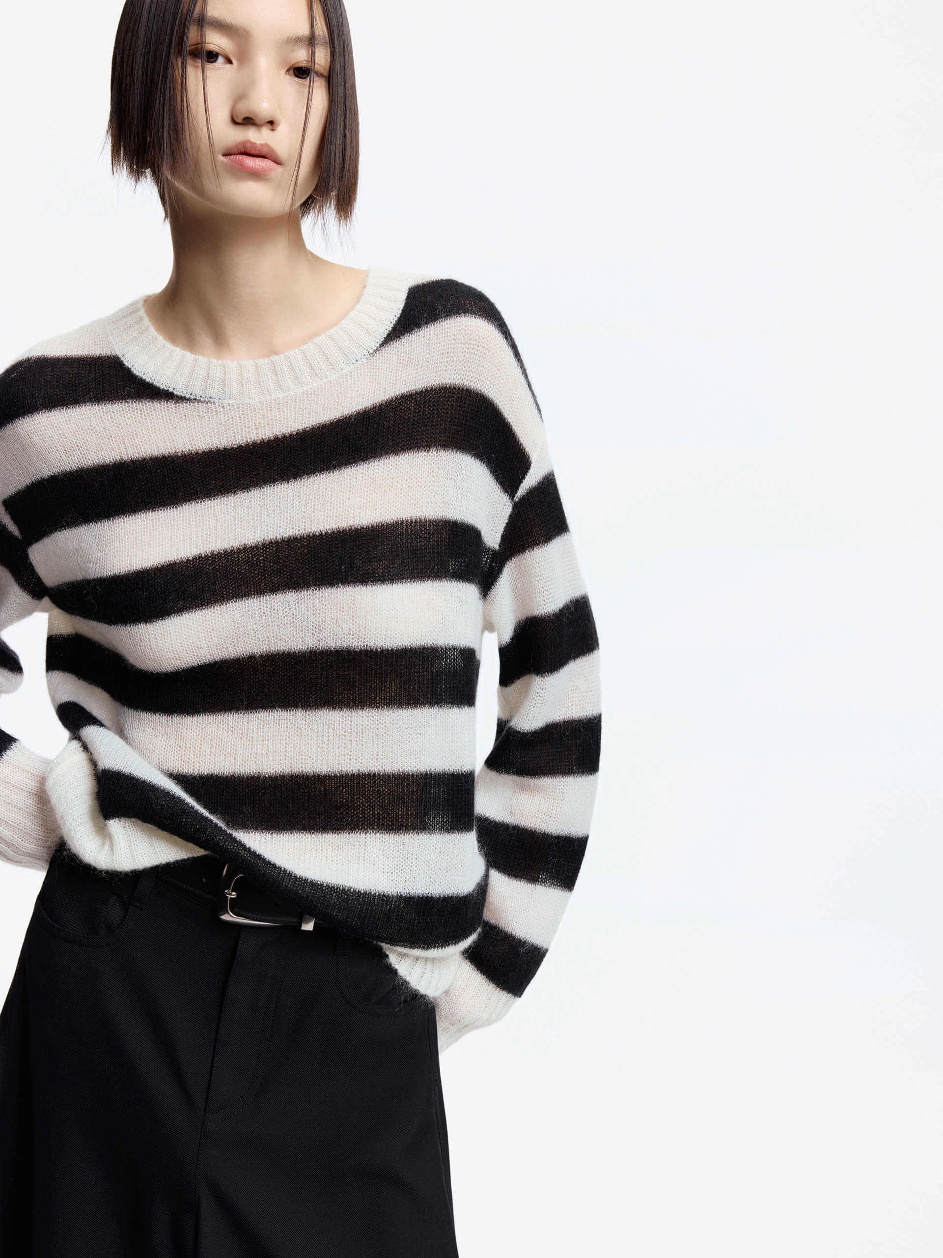 Bamboo Fiber Fabric Neutral Tone Stitching Include Mohair Striped Sweater