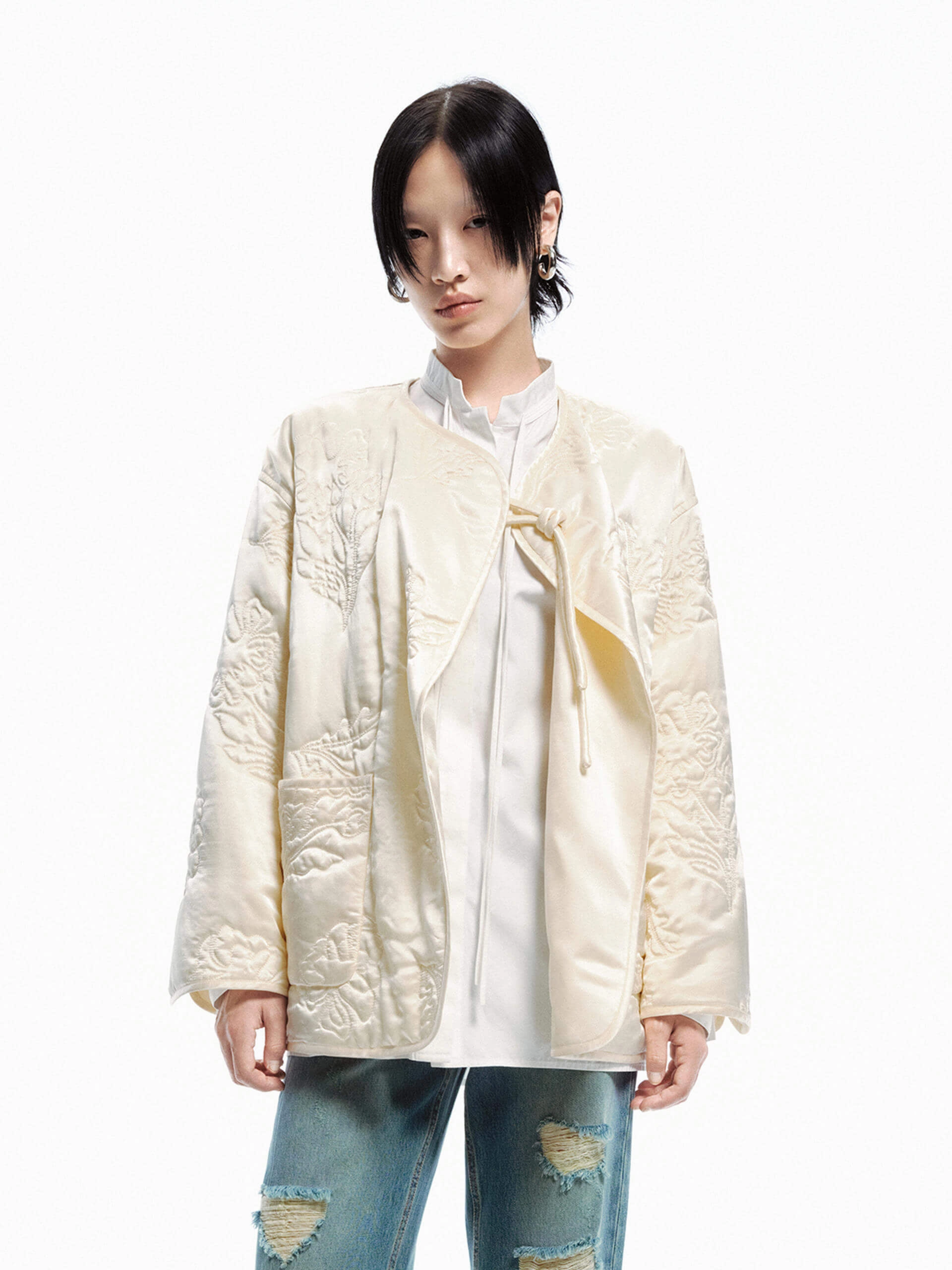 Collarless Quilted Jacket Cross Ventilation Panels
