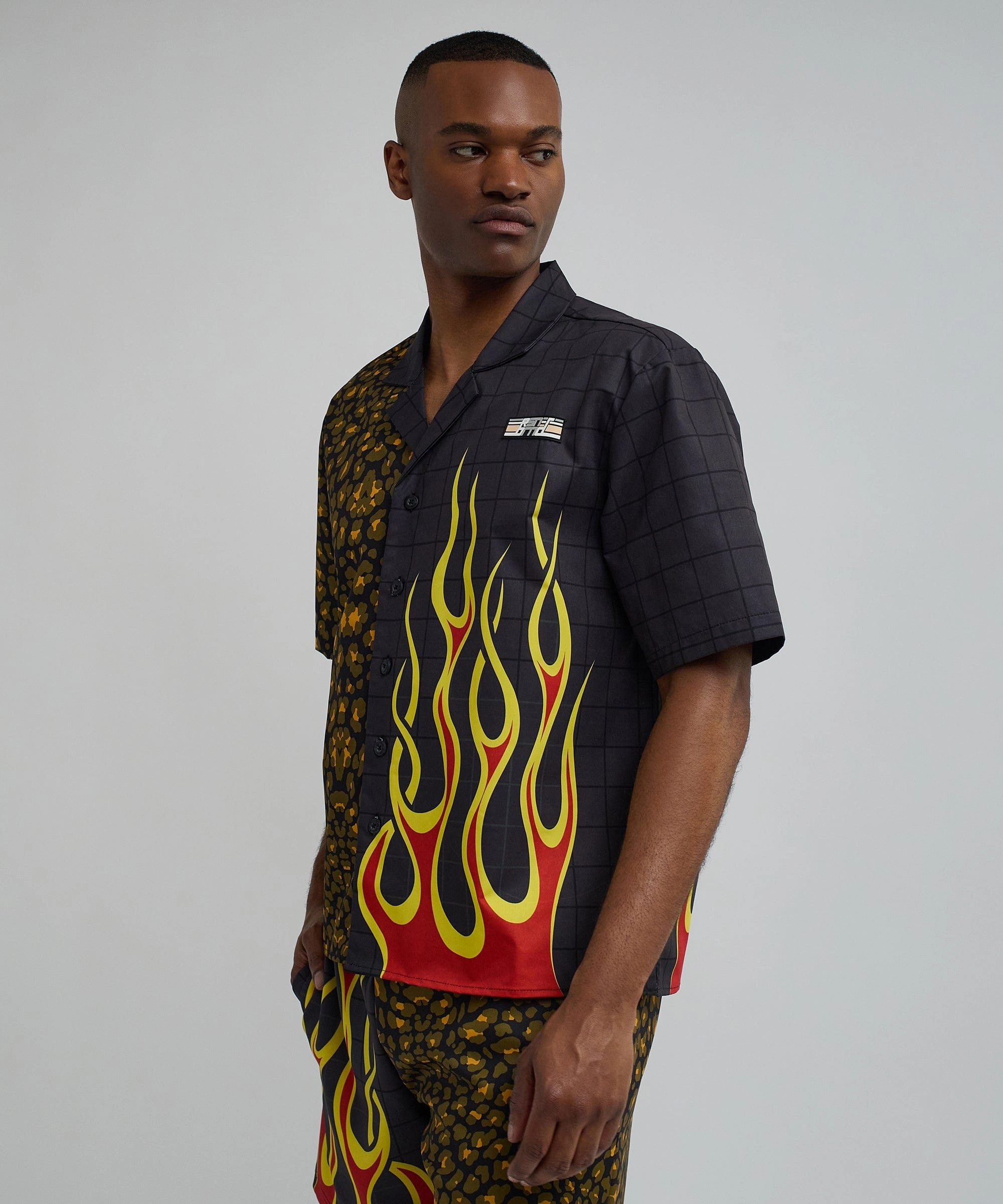 Cheetah And Flames Split Woven Short Sleeve Shirt Tagless Comfort Collar Soft Touch