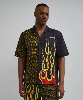Cheetah And Flames Split Woven Short Sleeve Shirt VNeck Style