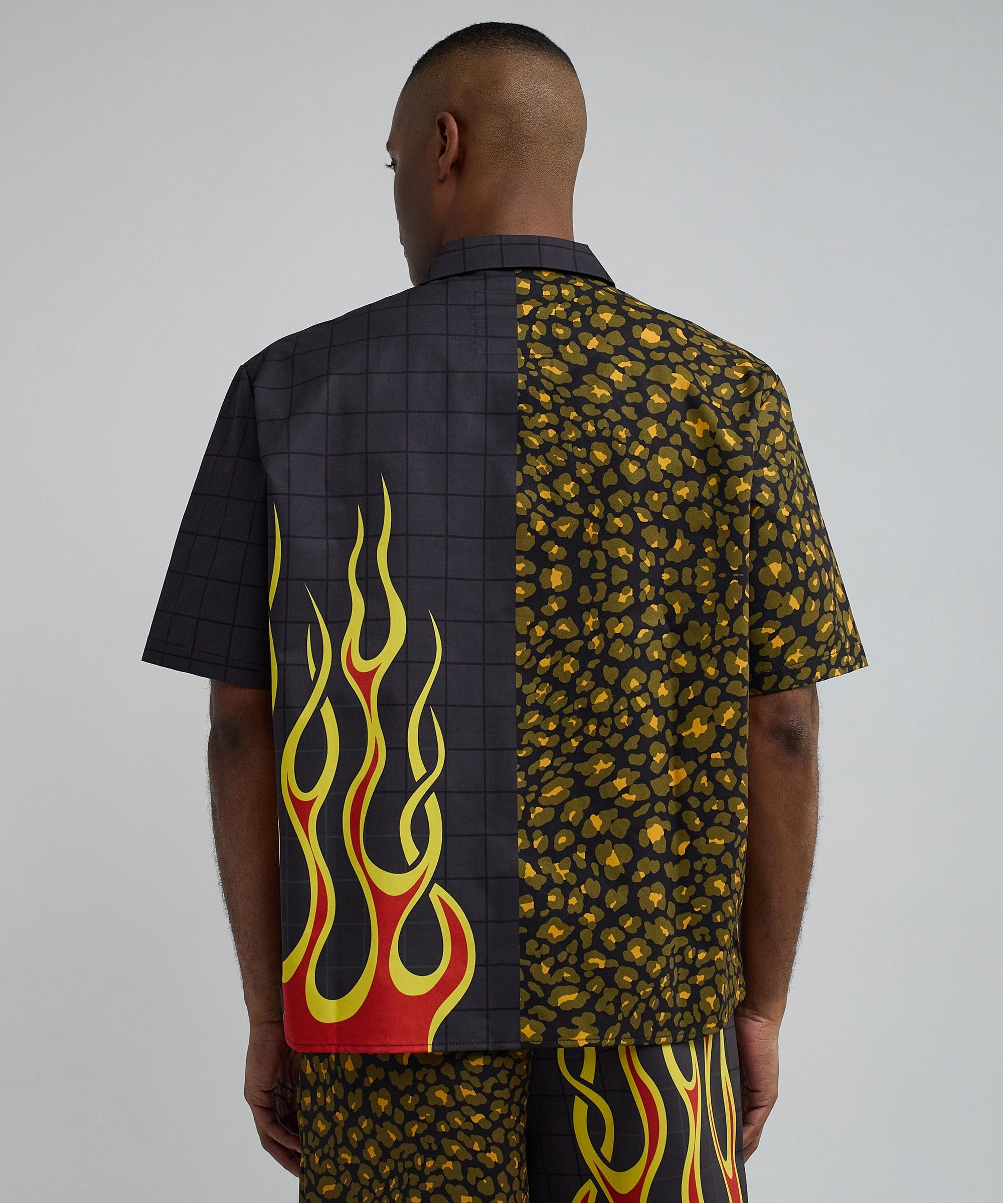 Cheetah And Flames Split Woven Short Sleeve Shirt Adjustable Cuffs Gym Wear
