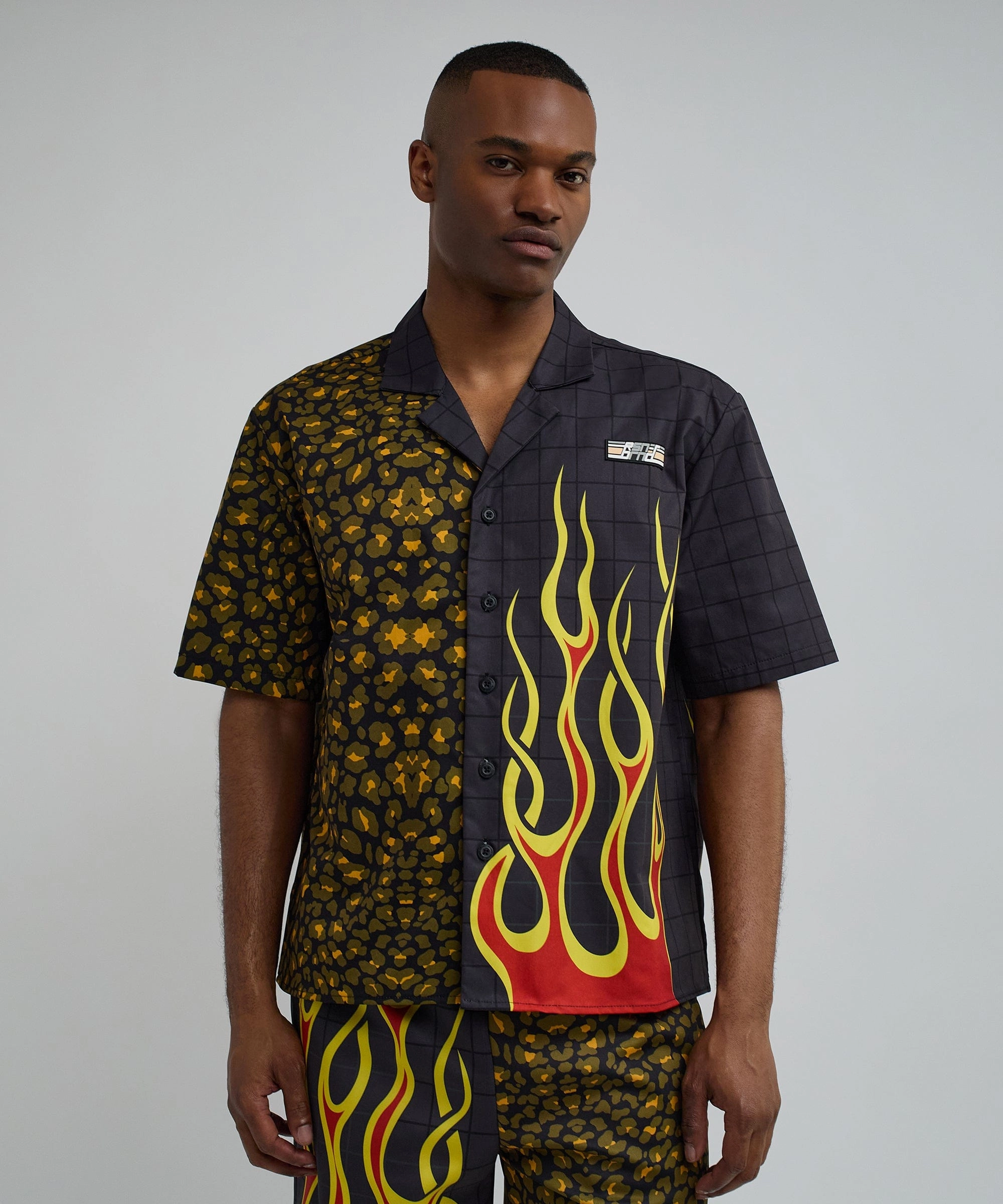 Cheetah And Flames Split Woven Short Sleeve Shirt VNeck Style