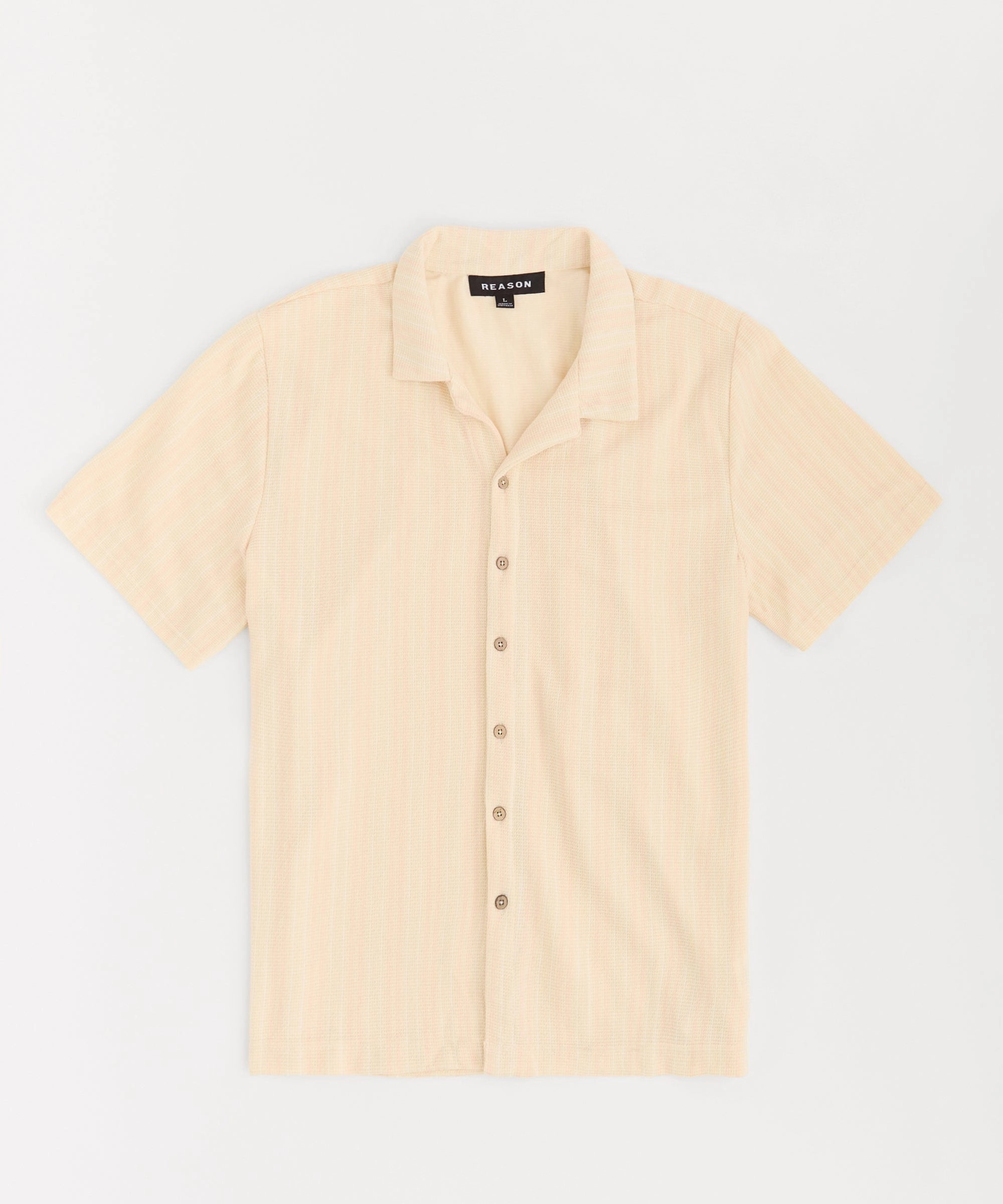 Jacquard Knit Short Sleeve Button Down Shirt - Cream Breathable Mesh Back Smooth Zipper Integration