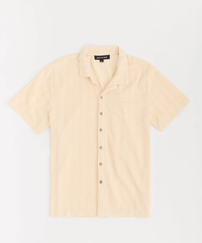 Jacquard Knit Short Sleeve Button Down Shirt - Cream Breathable Mesh Back Smooth Zipper Integration
