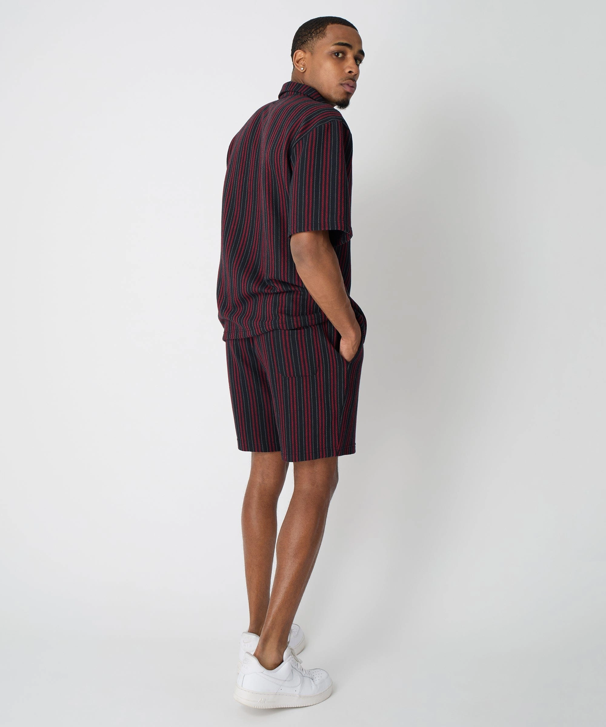AbrasionResistantFabric Jacquard Knit Short Sleeve Striped Button Down Shirt - Black
