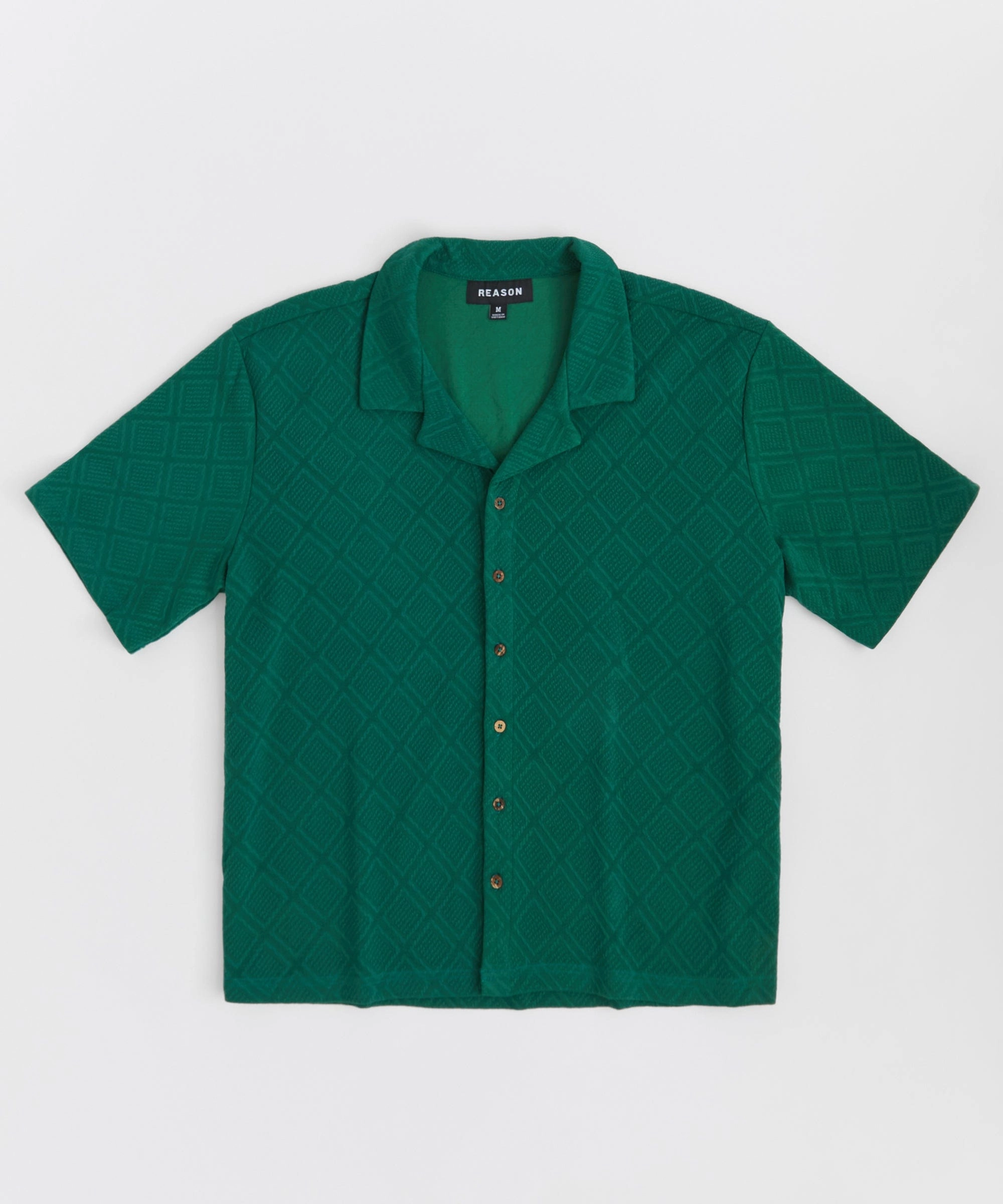 Hidden Zipper Closure Jacquard Textured Knit Short Sleeve Button Down Shirt - Green