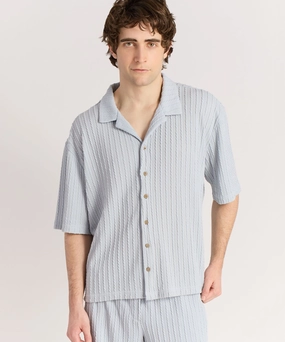 ComfortStretch Circular Knit Technology Jacquard Textured Knit Short Sleeve Button Down Shirt  - Light Blue