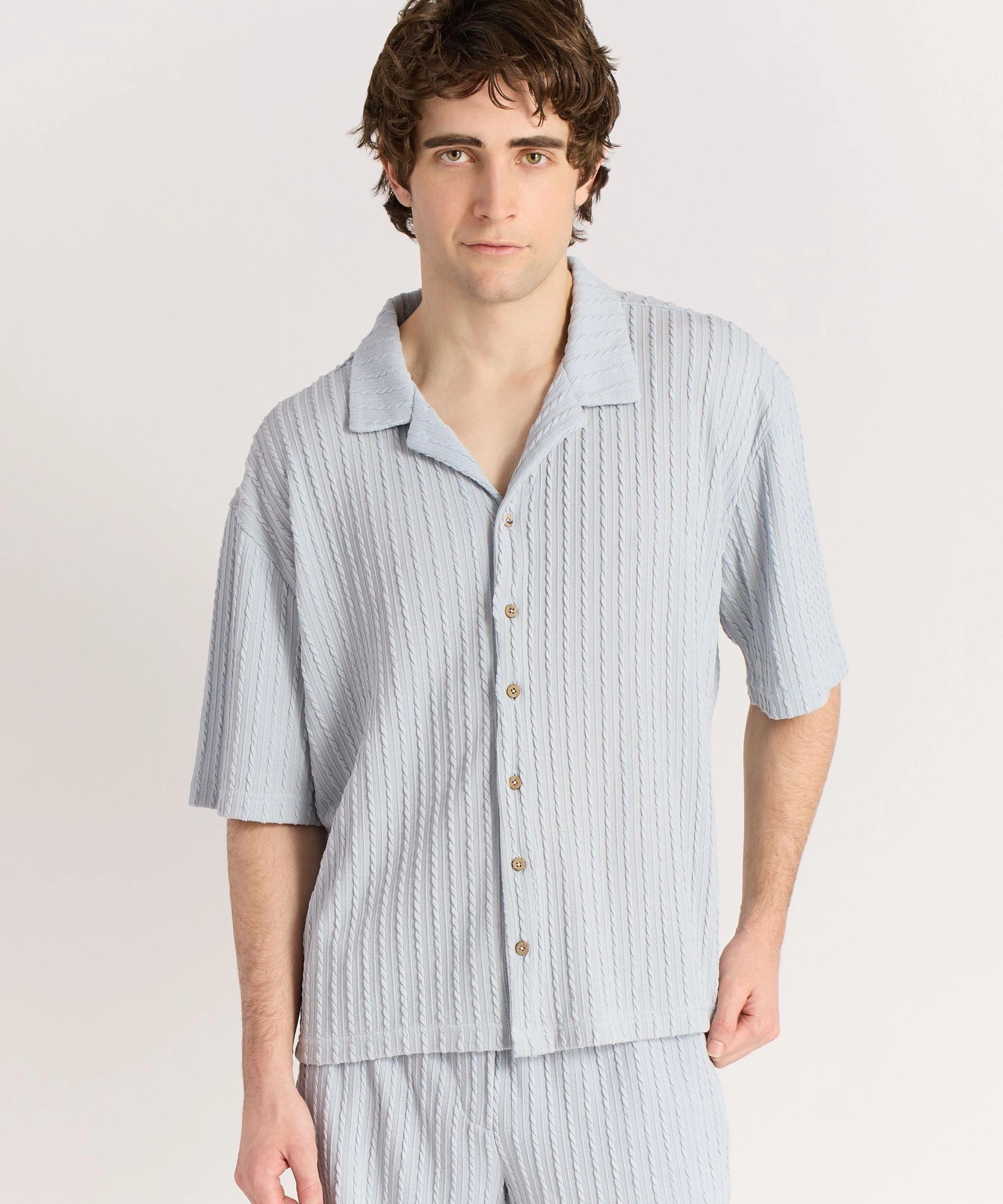 AbrasionResistant Edging Jacquard Textured Knit Short Sleeve Button Down Shirt  - Light Blue