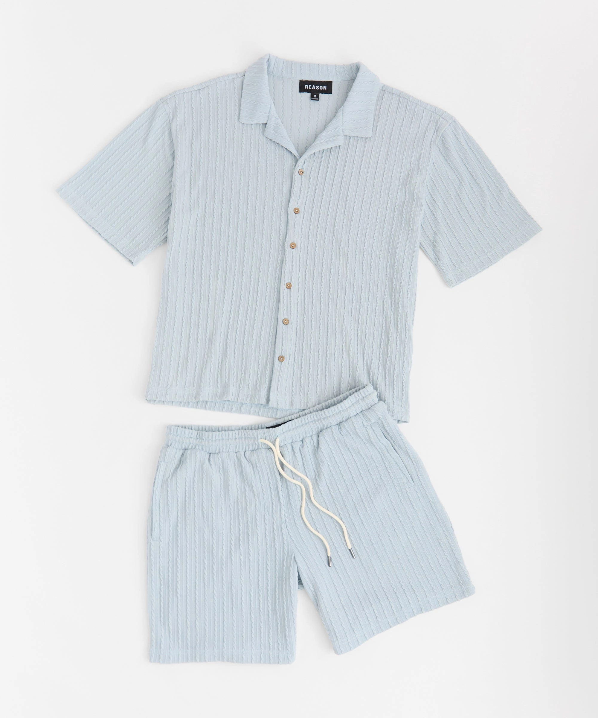 FadeResistant Dye Jacquard Textured Knit Short Sleeve Button Down Shirt  - Light Blue