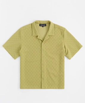 Tear Resistant Reinforcement Jacquard Textured Knit Short Sleeve Button Down Shirt - Olive Green